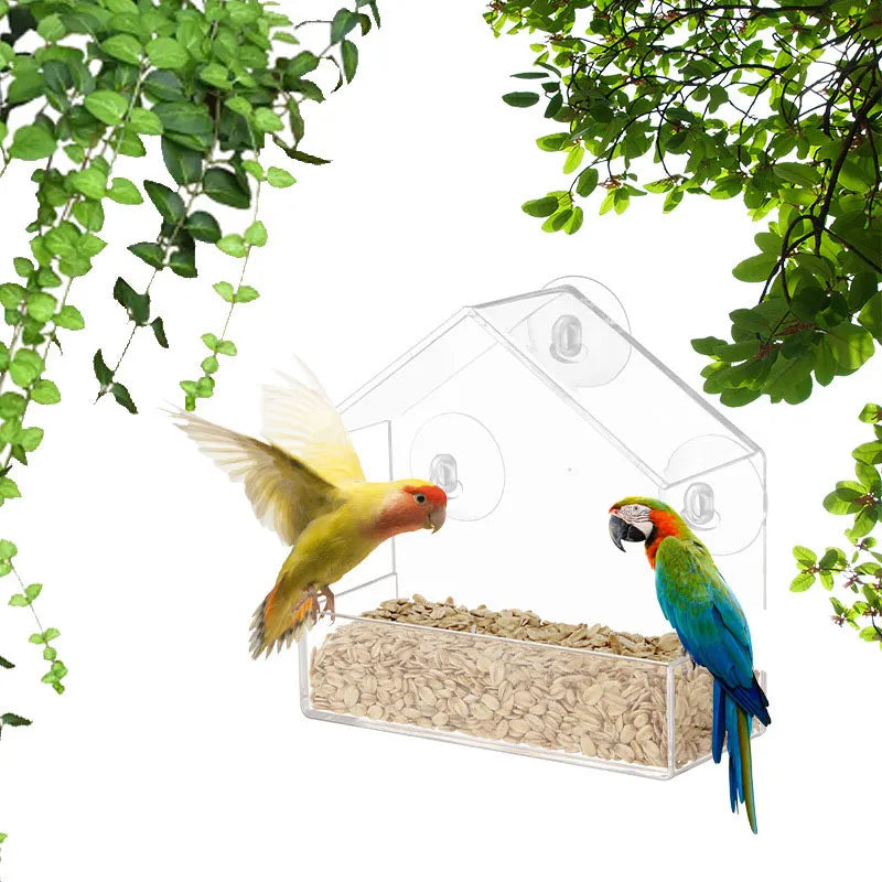 Bird Feeder Transparent House Type Feeding Cage with Suction Cup