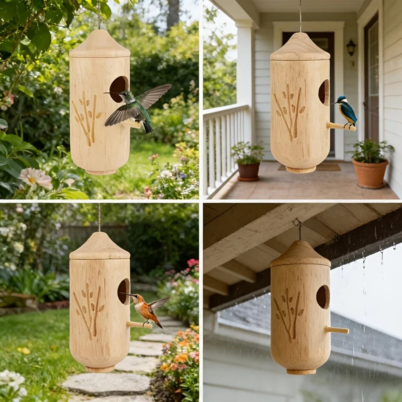 1-piece set of natural wooden hummingbird house and bird feeder, rural