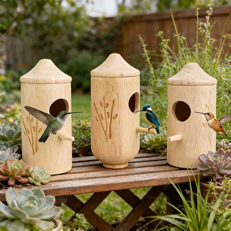 1-piece set of natural wooden hummingbird house and bird feeder, rural