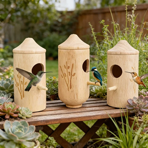 1-piece set of natural wooden hummingbird house and bird feeder, rural