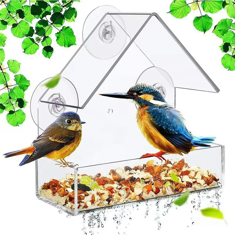 Bird Feeder Transparent House Type Feeding Cage with Suction Cup