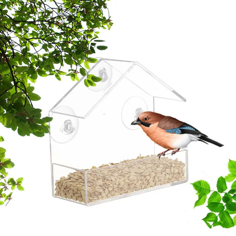 Bird Feeder Transparent House Type Feeding Cage with Suction Cup