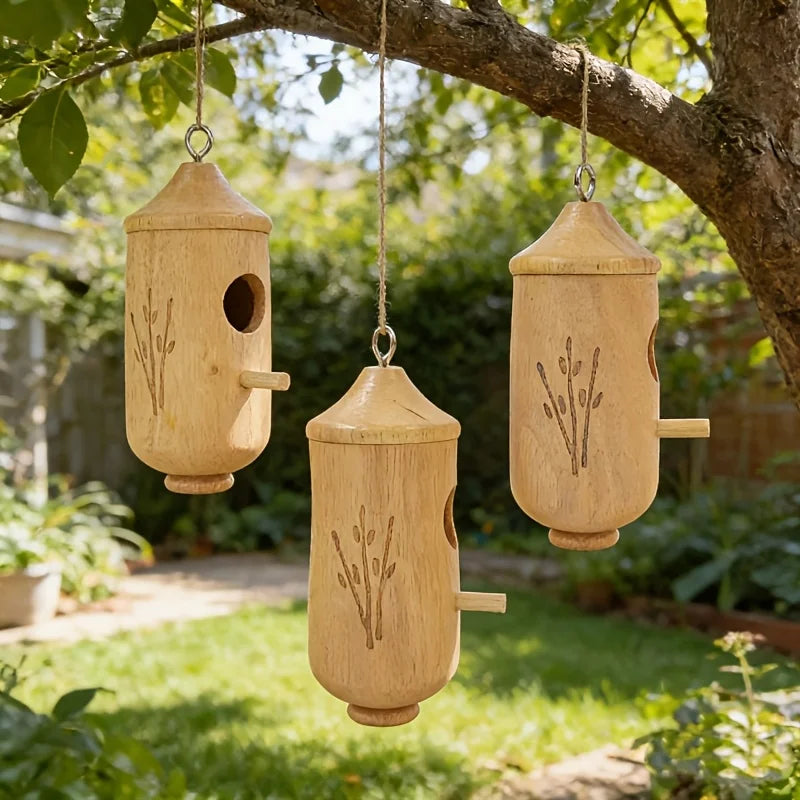 1-piece set of natural wooden hummingbird house and bird feeder, rural