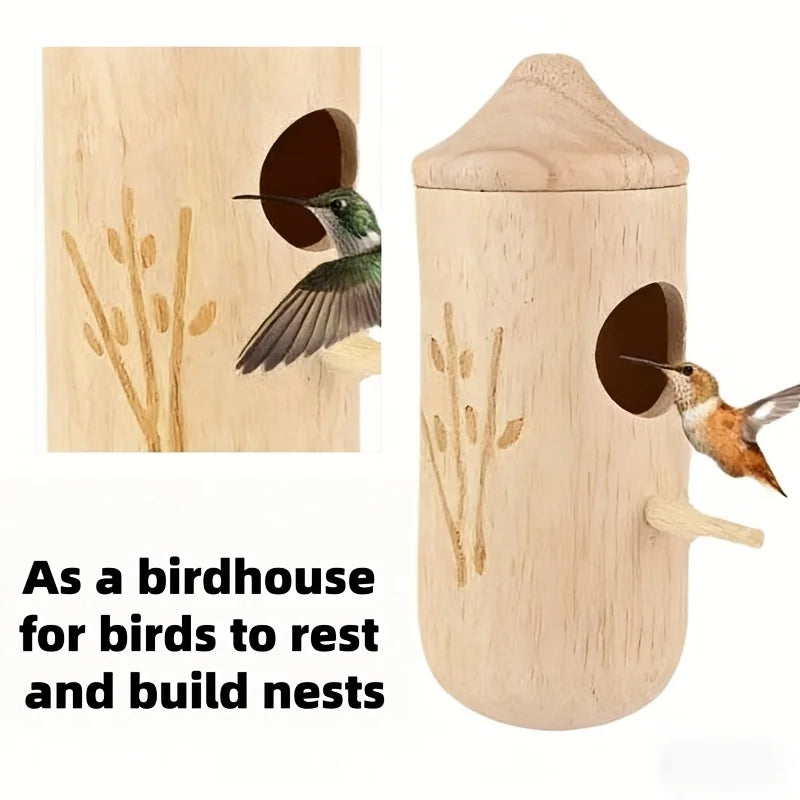 1-piece set of natural wooden hummingbird house and bird feeder, rural