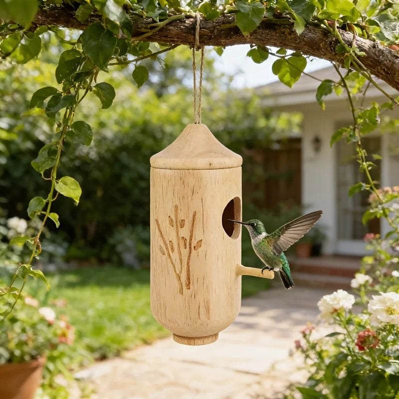 1-piece set of natural wooden hummingbird house and bird feeder, rural